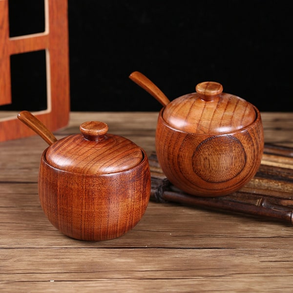 Kryddburk i trä, japansk kryddbehållare med naturlig textur, kryddförvaring i massivt trä för hemmaköksinredning, diskmaskinsäker, lock och sked