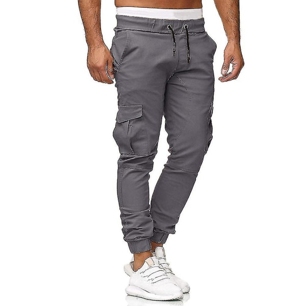 Mænd Elastiske talje Cargo Lommer Bukser Slim Fit Sport Combat Manchet Bukser CMK Grey L