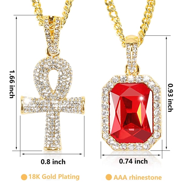 Men Hip Hop Jewelry Set 18k Gold Plated Iced Out Cz Ruby Ankh Cross Pendant Stainless Steel Cuban Chain Necklace CMK