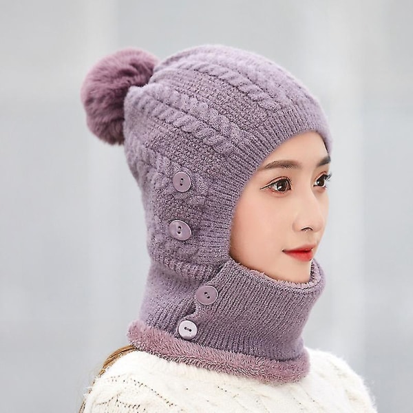 Womens Winter Beanie Hat Scarf Set Warm Fuzzy Knit Hat Neck Scarves K Purple