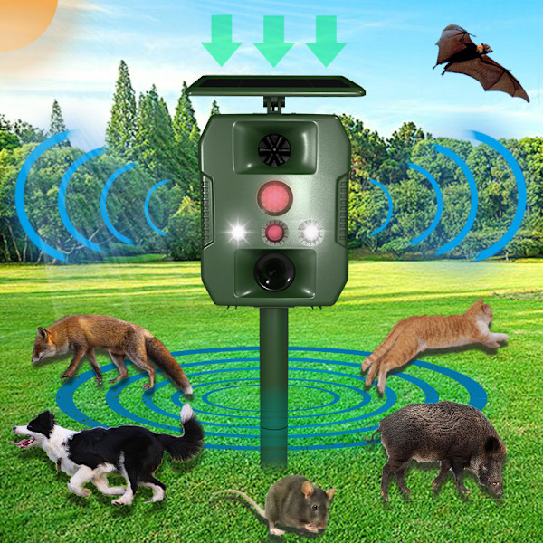 Solcellsdriven skadedjursskrämma med ultraljud, rörelsesensor och ljud