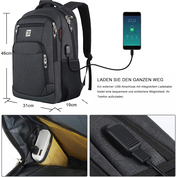 Laptopryggsäckar med USB laddningsport för män och kvinnor för arbete, skola, universitet, skolryggsäck för pojkar, tonåringar med laptopfack