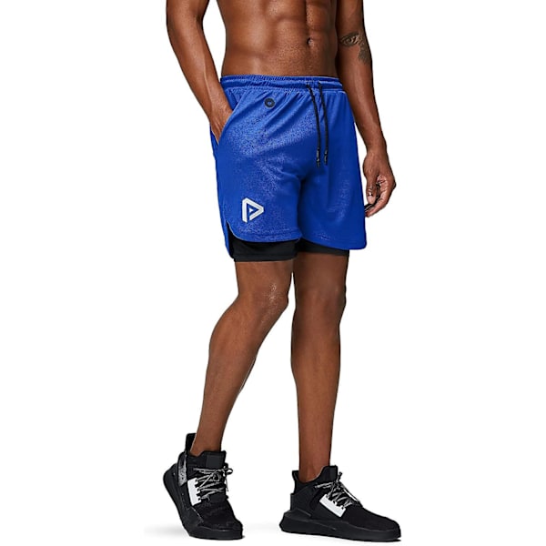2 i 1 löparshorts med telefonficka Gym Workout Snabbtorka herrshorts 5 tum Blue Blue Medium