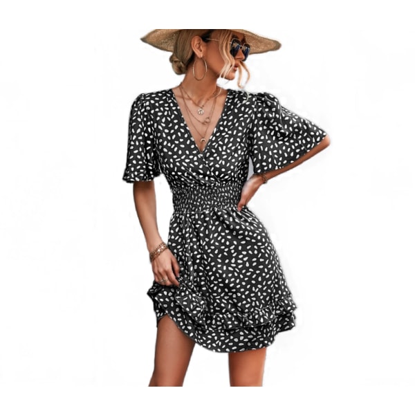 Women's V Neck   Ruffle Short Sleeve Mini Floral Dress M