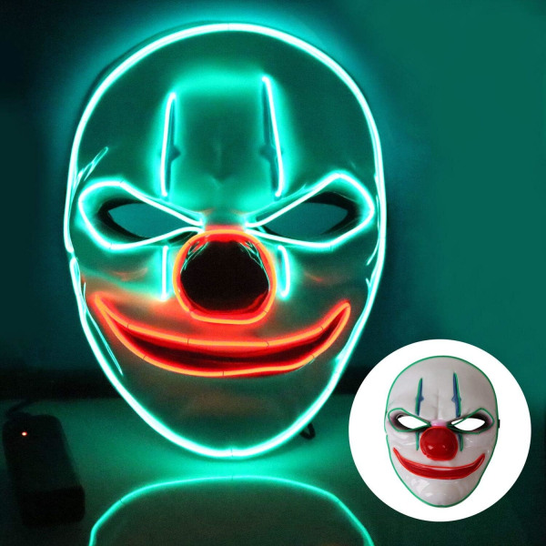 Halloween-maske, LED-maske med 3 blitsmoduser klovnemaske