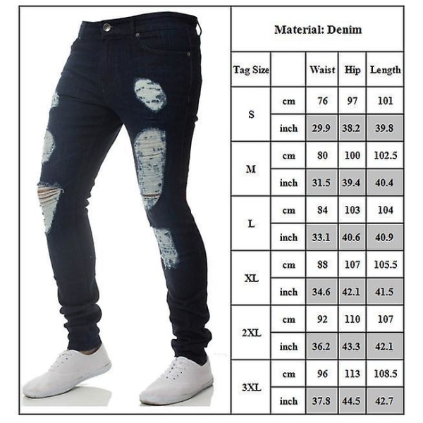 Solid Ripped jeans til mænd Black 3XL