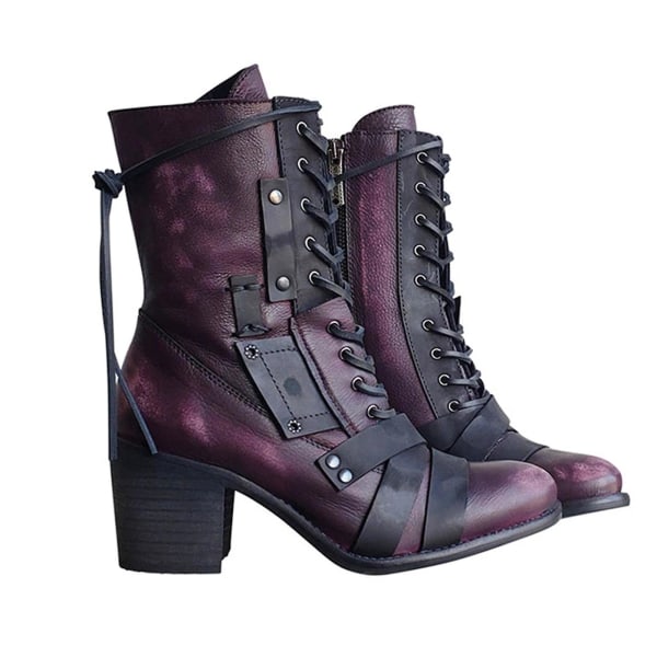 Women's Retro Mid Martin Leather Boots Purple 40