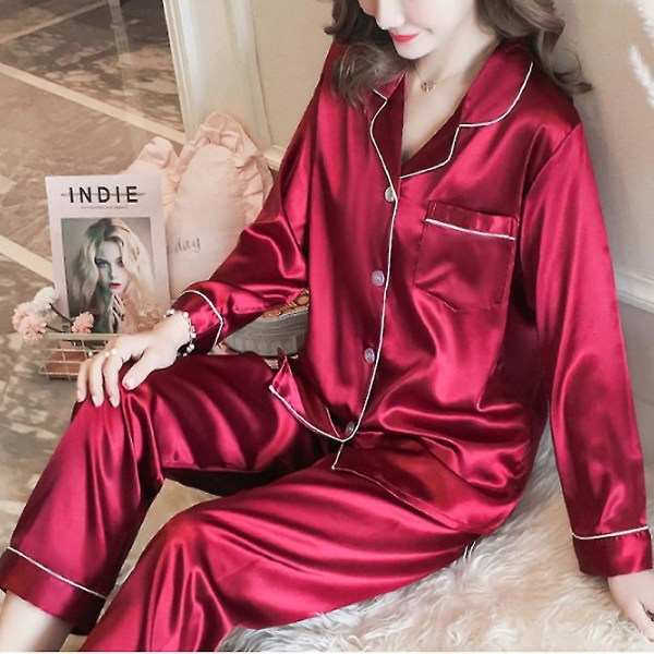 Women Satin Silk Look Sleepwear Pyjamas Long Sleeve Nightwear Set K Red XL