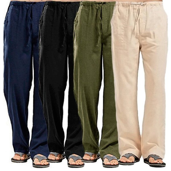 Men's Cotton Linen Pants Summer Solid Color Breathable Linen Trousers Male Casual Elastic Waist Fitness Pants CMK ASIAN XL Military green