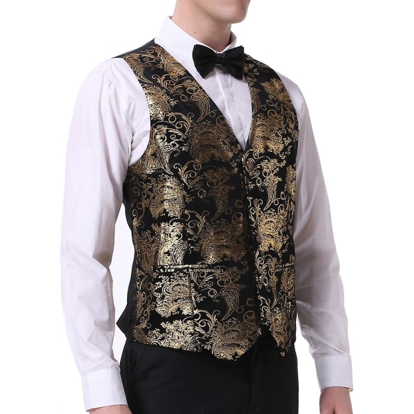 Allthemen Mens V-Neck Printed Business Casual Guld Silver Suit Väst CMK Black Gold S