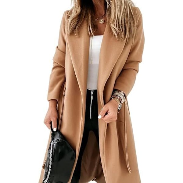 Damekåpe Krage Åpen Foran Belte Lang Jakke khaki khaki XXL