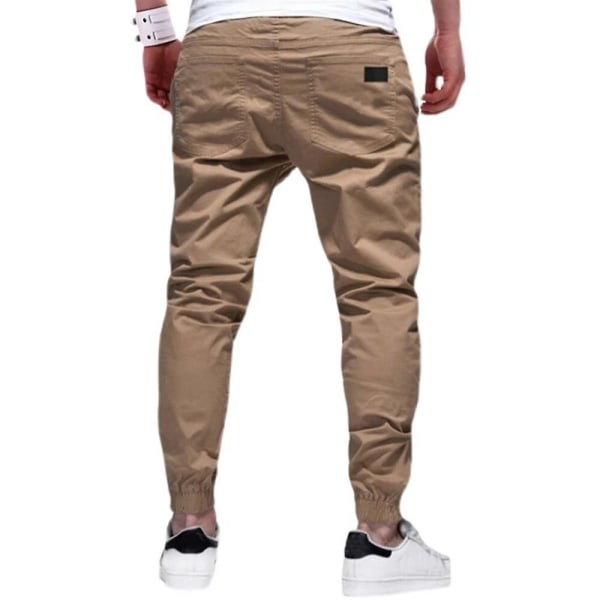 Men's Solid Color Drawstring Elastic Waist Cargo Pants Khaki M