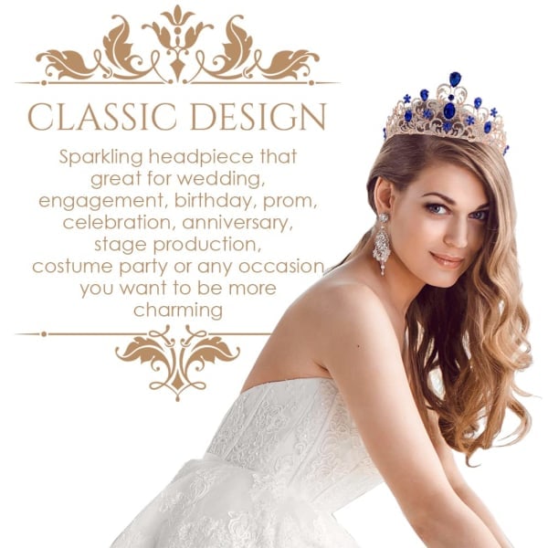 Safir Bryllup Tiara til Brud, Prinsesse Krone Voksen Rhinestone Hårbånd, Bryllupshårtilbehør til Kvinder, Guld Hovedbeklædning