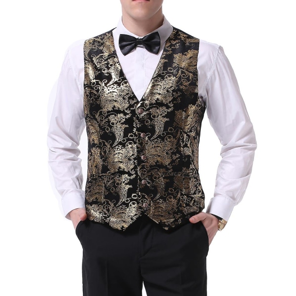 Allthemen Herre V-hals trykt Business Casual Guld Sølv Suit Vest CMK Black Gold S