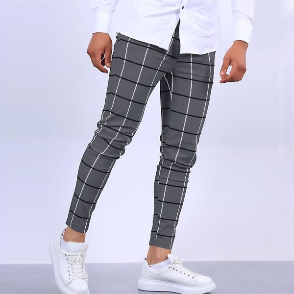 Mænd Plaid Casual Chinos Arbejdsbukser Slim Fit Skinny Business Formelle Bukser Bukser CMK Dark Gray S