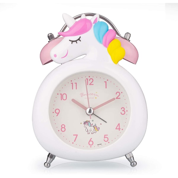 Barnevekkerklokke med nattlys, Unicorn Double Bells Clock White