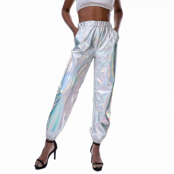 Damemote Holographic Streetwear Club Cool Shiny Causal Pants CMK White XXL