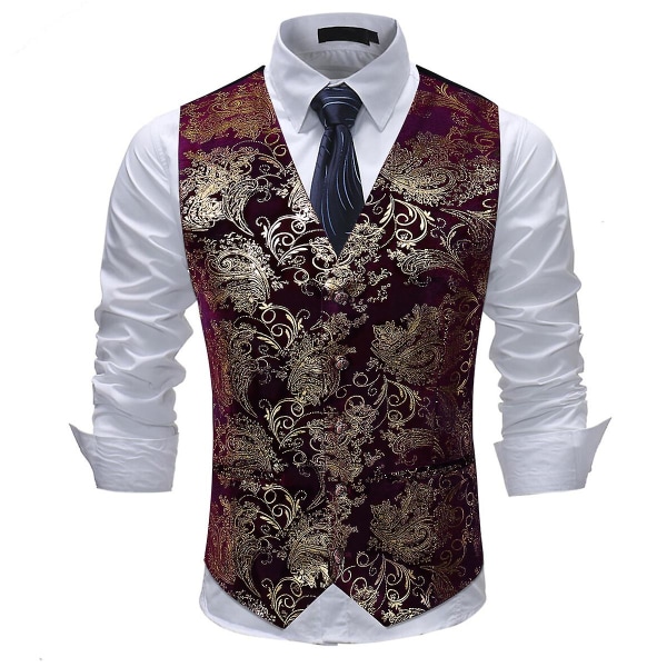 Allthemen Mens V-Neck Printed Business Casual Guld Silver Suit Väst CMK Red Gold S