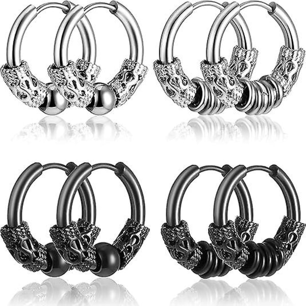 4 Par 14mm Herrar Örhängen Hoop Vintage Huggie Örhängen Set Titanstål Hip Hop Örhängen Punk Rock Estetiska Örhängen Snygga, Svart, Silver