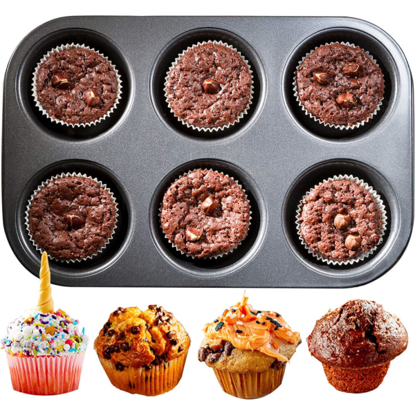 6 Muffin Pan, Muffin Pan for 6 Muffins, Steel Muffin Pan with Good Non-Stick Coating, Mini Muffin Pan Optimal Heat Distribution - 26.5cm X 18.5cm