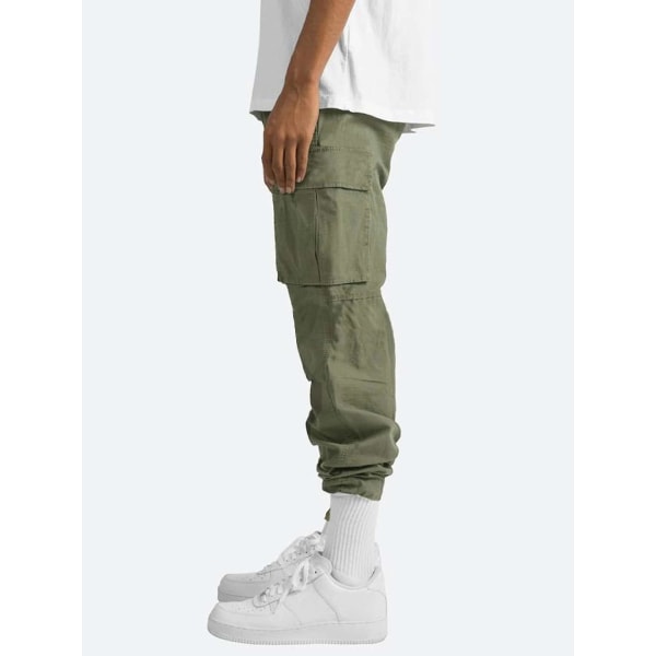 Men Comfy Workwear Cotton Linen Multi-pocket Casual Loose Baggy Long Cargo Pants CMK Green 4XL