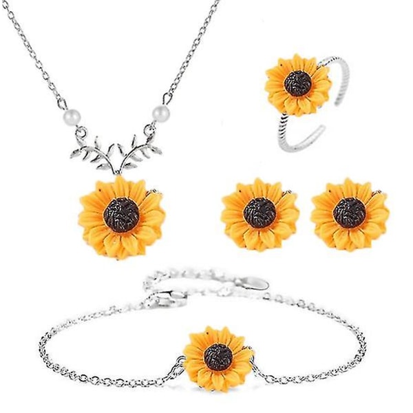 4 PCS Sunflower Pendant Necklace Dangle Earrings Jewelry
