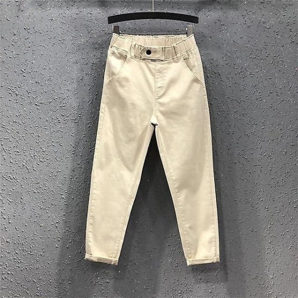 Sommer Kvinner Haremsbukser Matchende Casual Bomullsbukser Elastisk midje Plussstørrelse Gul Hvit jeans CMK Light Khaki XXL