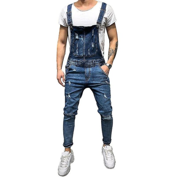 Mens Denim Ripped Overalls Jeans Dungarees Jumpsuits With Pockets CMK Dark Blue XL