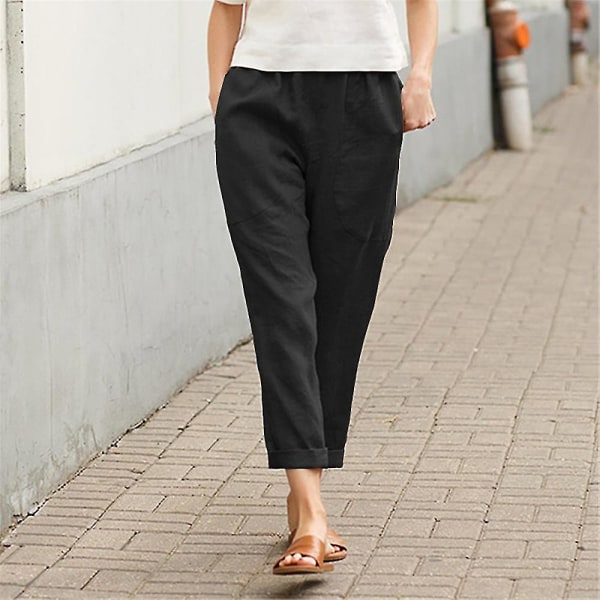 Women Ladies Baggy Harem Pants Summer Holiday Solid Cropped Trousers With Pockets CMK Black M