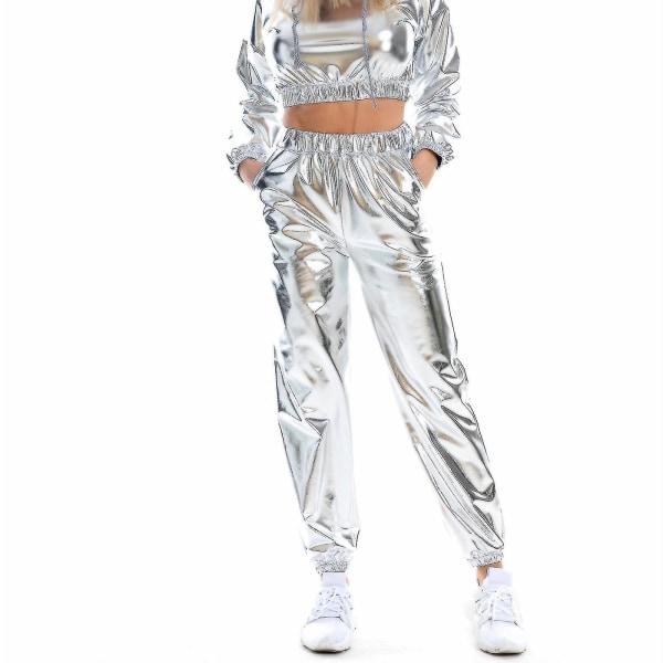 Damemode Holografisk Streetwear Club Cool Shiny Causal Bukser CMK Silver XXL