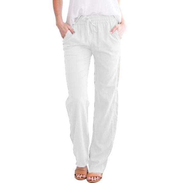 Damebukser i bomull, lin, snøring Elastiske sidelommer i midjen Høye bukser CMK white XL