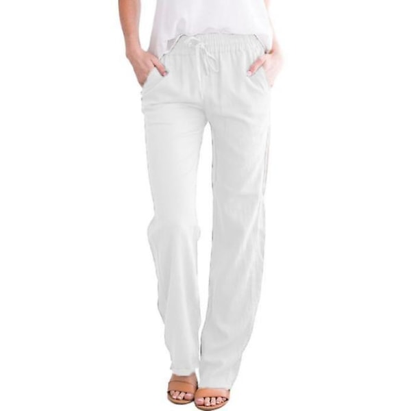 Women's Cotton Linen Pants Drawstring Elastic Waist Side Pockets High Pants CMK white M