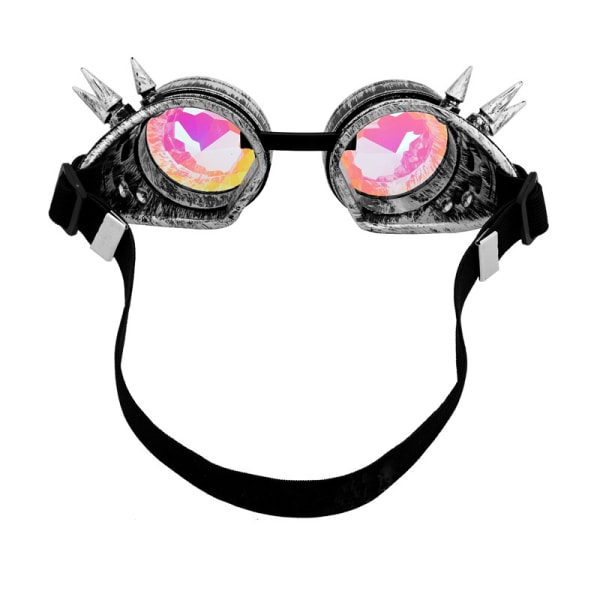 Rainbow Goggles Spiked Kaleidoscope Crystal Linses lasit Silver