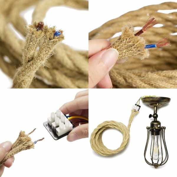 LED Lighting 10m Electrical Wire Rope, 2 Core Linen Vintage Rope Lighting Cable Copper Wire Covered Retro Braided Industrial Rope for DIY Pendant Lamp