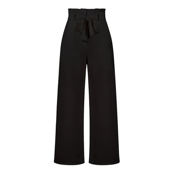 Loungebukser med brede ben for kvinner med lommer Lett høy midje, justerbar knyte og knute løse bukser CMK black L