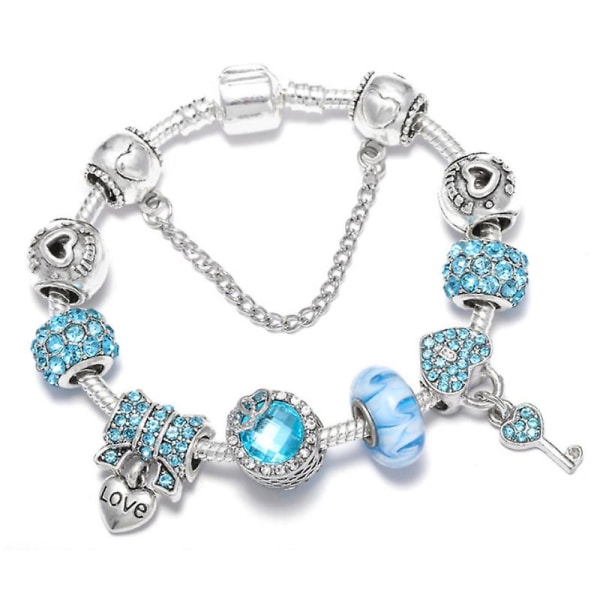 【Tricor butik】 Pulseras Pandora Plata White Style Charm Armbånd For Kvinnor Diy Hjertelås Nøgle Kærlighedsbrev Hængande Armbånd, blå