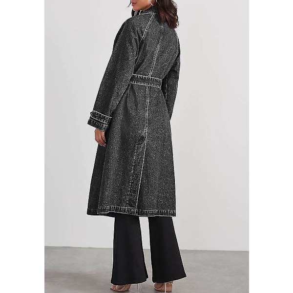 Naisten vintage pitkä farkkutakki, väljä istuvuus, kaksirivinen denim-takki, trenssi vyöllä, musta Black Medium