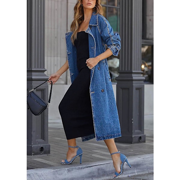 Naisten vintage-tyylinen pitkä farkkutakki, väljä malli, kaksirivinen denim-takki, vyöllinen trenssi, Denim Blue Denim Blue XX-Large