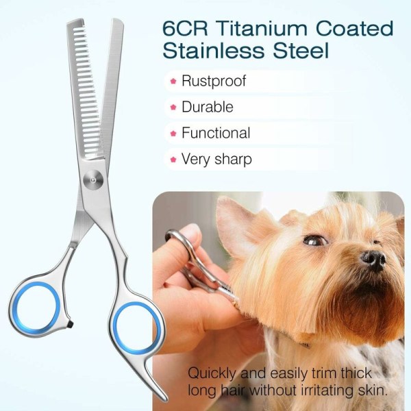 Dog Grooming Scissors, 5-Piece Titanium Coated Stainless Steel Pet Grooming Tool Set, Thinning/Straight/Curved Shears and Comb, Blue