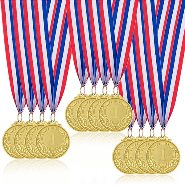 Medaljer for barn, 12 stk. olympiske gullmedaljer i metall med bånd, premier for idrettsdager, konkurranser, gaver til voksne barn