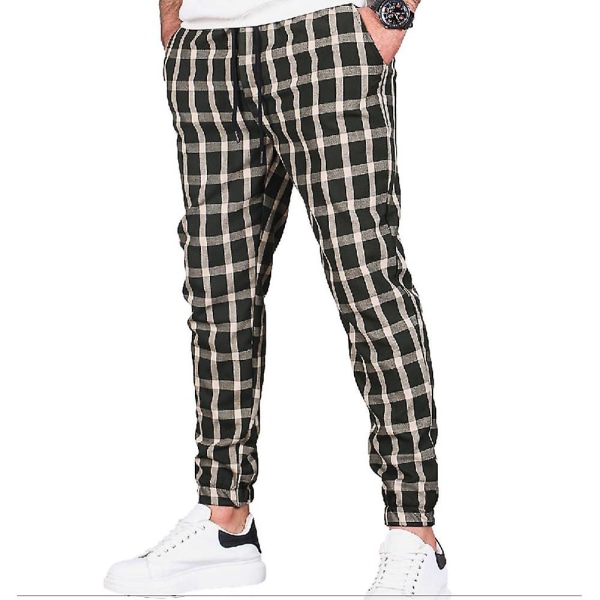 Men's Drawstring Elastic Waist Plaid Pants Khaki 2XL