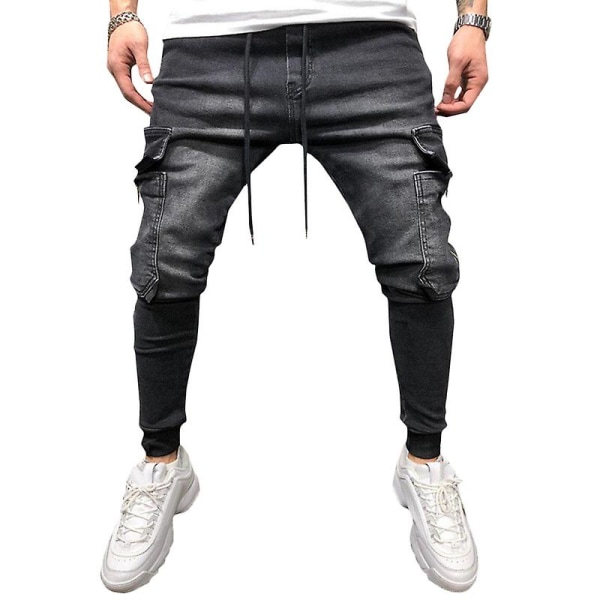 Mens Plain Drawstring Jeans With Zip Pockets Skinny Trousers Black S