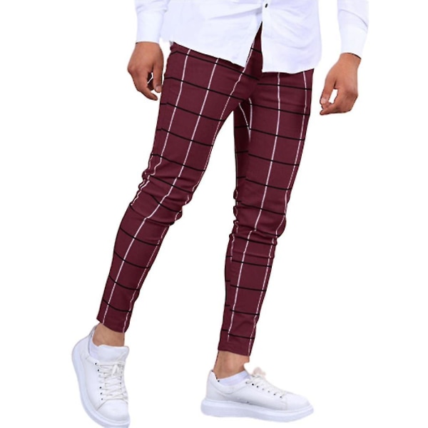 Mænd Plaid Casual Chinos Arbejdsbukser Slim Fit Skinny Business Formelle Bukser Bukser CMK Dark Red XL