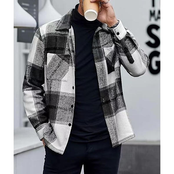 Herre Flanellskjorte Casual Knap-Down Ternet Skjorte Jakke black black L