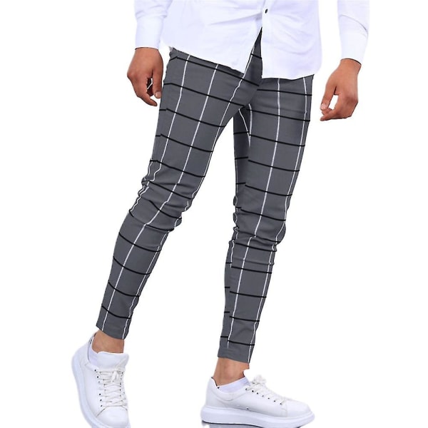 Miesten ruudullinen Casual Chinos -työhousut Slim Fit Skinny Business -muodolliset housut CMK Dark Gray S