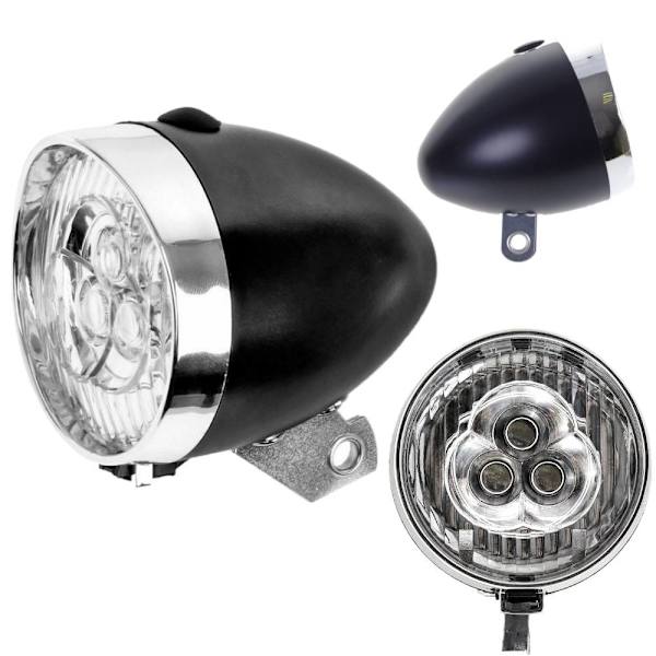 Klassisk Sort Cykellygte | 3 LED Lys | Forkmonteret | Inkl. AAA Batterier
