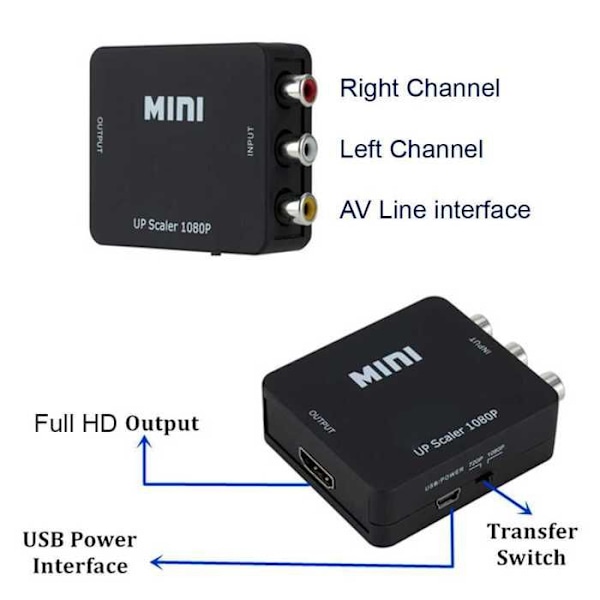 OCIODUAL Composite AV RCA CVBS till HDMI Video Audio Adapter 1080p Svart för TV Full HD AV2HDMI2 Converter