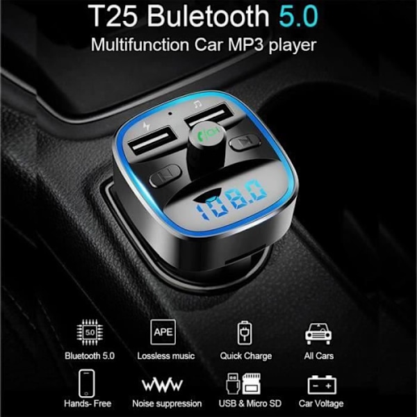 GE26744-T25 Trådlös Bluetooth 5.0 FM-sändare Dubbel USB Billaddare Handsfree MP3-spelare TF-kort