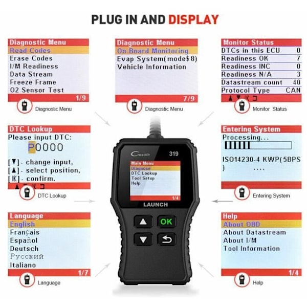 CR319 OBD2 - EOBD-Can Auto Diagnostic Scanner för att läsa och rensa motorfelkoder, EVAP- och O2-sensortestare