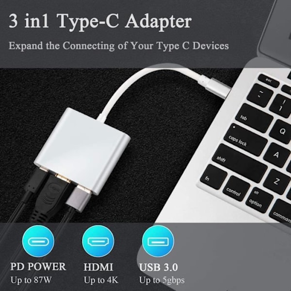 4K USB C till HDMI Adapter, Typ C Hub till HDMI Adapter Converter med USB 3.0-port och USB C-laddningsport kompatibel